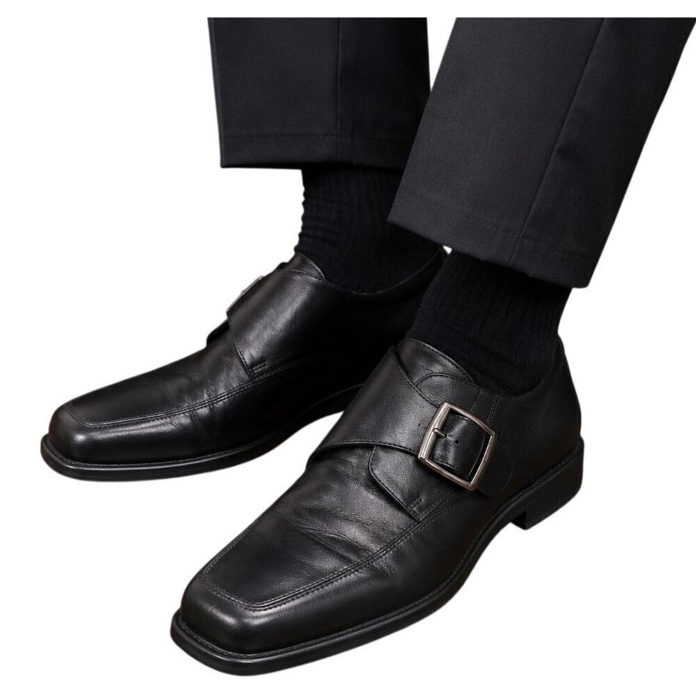 Johnston & Murphy Sheepskin Monk Strap Dress Shoes Mens 9M Black Leather